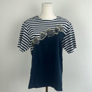 Vintage Blue and White Striped T-Shirt with Embroidered Perfume Bottle Size M